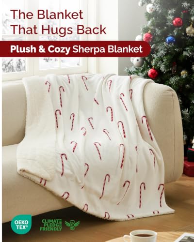 Christmas Sherpa Blanket Throw Size, Reversible Blanket - Candy Cane, 50x60 | Super Soft Double Sided Throw for Bed, Sofa, Couch, Reversible Sherpa Fleece Blanket, Thick, Warm, Plush, Xmas Winter Bedding - color: 04 - Candy Cane
