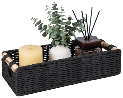 CubesLand Back of Toilet Storage Basket for Organizing W/Cut Out Handle | Handwoven Toilet Tank Top Paper Baskets, Wicker Decorative Basket for Countertop, Home Decor, Living Room, Nursery, Black - color: Black, size: M-14.17" (L) X 6.29" (W) X 3.54" (H)