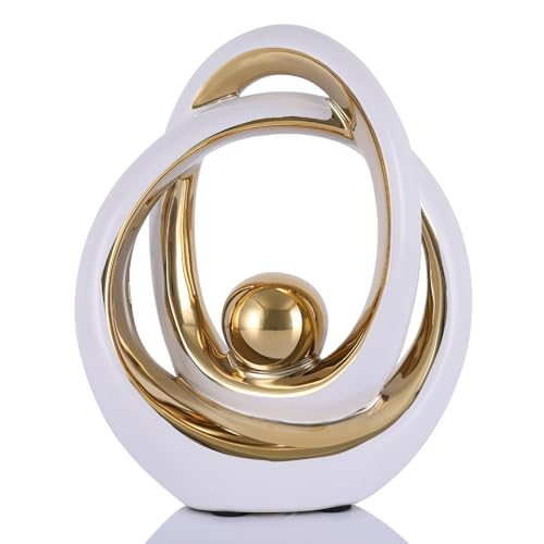 DOVDOV White and Gold Ceramic Abstract Sculpture, Modern Tabletop Statue for Living Room Decor, Decorative Accent for Coffee Table, TV Stand, Mantel, Entryway Console - color: White and Gold