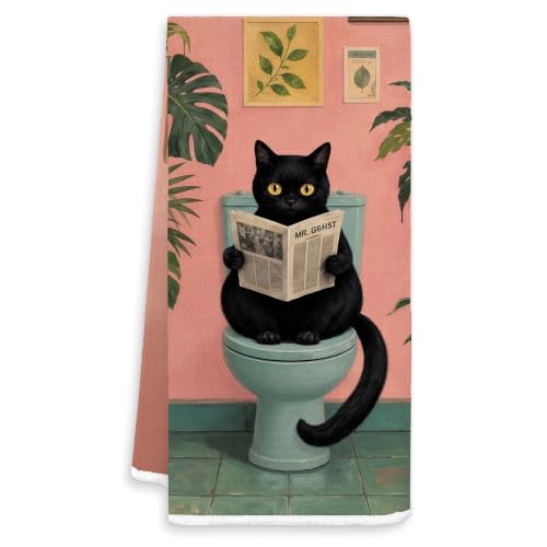 Pink Funny Black Cat Green Plant Bathroom Hand Towels 16x24 In YSZ-t | Black Cat Gifts for Women, Plant Lover Gifts Decorative Hand Towels for Girls Bathroom - color: White-greenery Cat