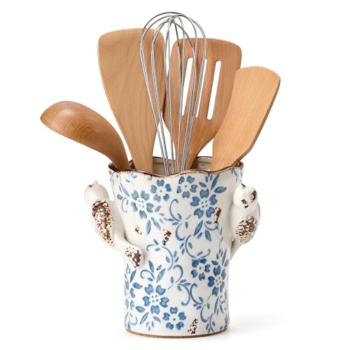 6.34"H Utensil Holder for Kitchen Counter, Modern Farmhouse Cooking Utensil Holder and Crock Home Kitchen Decor, Ceramic Utensil Organizer for Spatula, Ladle, Eggbeater, Rolling Pin- Blue and White - color: Blue and White- 2 Birds