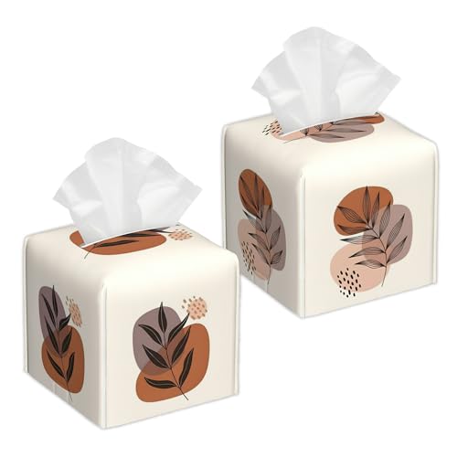 2 Pcs Tissue Box Cover Square Leather Tissue Case Holder Facial Paper Organizer Decorative for Bathroom Kitchen Car Office Home Decor (Boho Natural Leaf Flower) - color: Boho Natural Leaf Flower