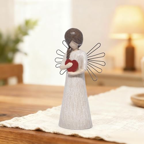 Hodao Angel Figurine with Red Heart, 5.1" Resin Wood-Carved Look with Metal Wire Wings, Hand-Painted Indoor Home Decorations, Spiritual Holiday Decor Ornaments, Gift-Ready Box - style: Z-holding heart-small