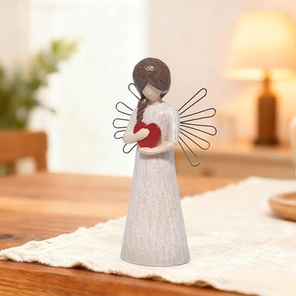 Hodao Angel Figurine with Red Heart, 5.1" Resin Wood-Carved Look with Metal Wire Wings, Hand-Painted Indoor Home Decorations, Spiritual Holiday Decor Ornaments, Gift-Ready Box - style: Z-holding heart-small