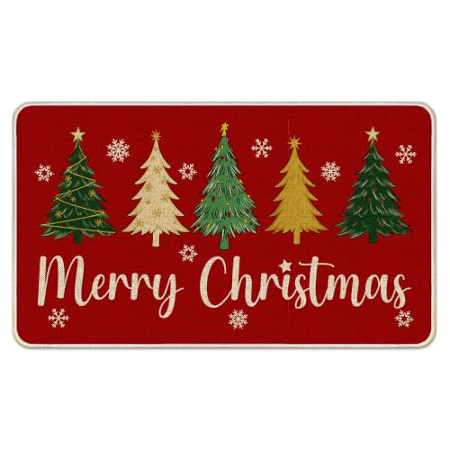 Hexagram Merry Christmas Door Mat Outdoor for Front Door 17x29 Inch | Christmas Tree Doormat, Winter Xmas Floor Rugs for Indoor Outdoor Porch Decor - color: Christmas Tree Red