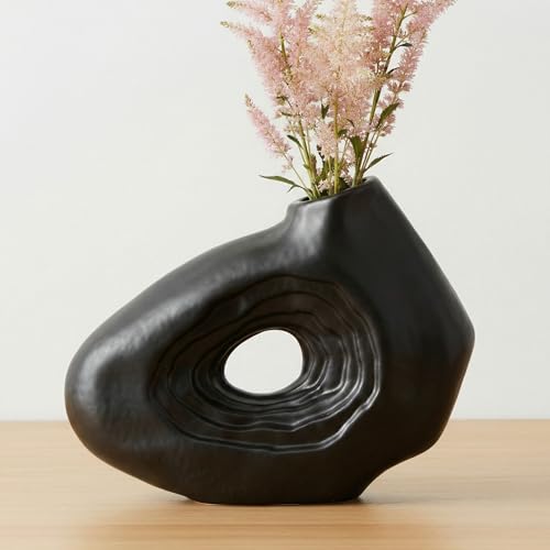 Sunddo 7 Inch Black Ceramic Vase for Modern Home Decor | Donut Vases, Small Boho Style, For Flowers, Bathroom, Wedding, Bedroom, Dining Table, Shelf Centerpiece - color: Black, size: 7 inch
