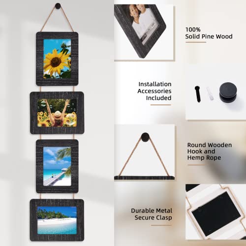 5x7 Collage Picture Frame, 4 Opening, Rustic Wood, Weathered Black | Wall-Mounted Hanging Design, Displays 4x6 Photos with Mat or 5x7 Photos Without Mat, Three-Opening Layout - color: Weathered Black, size: 4 Opening