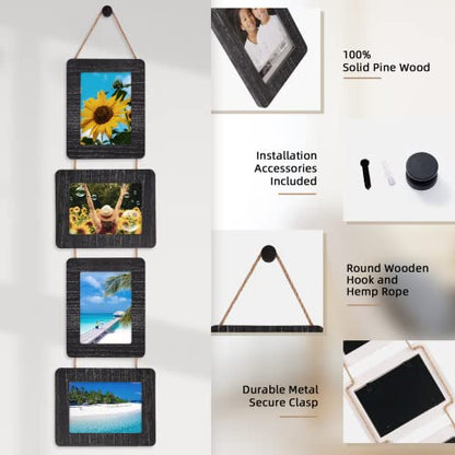 5x7 Collage Picture Frame, 4 Opening, Rustic Wood, Weathered Black | Wall-Mounted Hanging Design, Displays 4x6 Photos with Mat or 5x7 Photos Without Mat, Three-Opening Layout - color: Weathered Black, size: 4 Opening