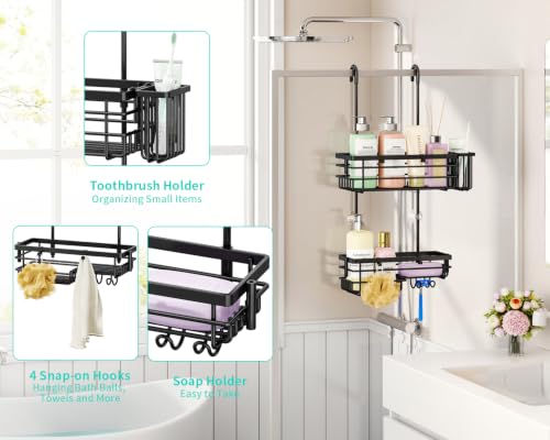 HapiRm Hanging Shower Caddy – For Renters & Small Bathrooms, Fits Shower Curtain Rods, No Drilling, 2 Rustproof 304 Shelves, 4 Hooks, and a Detachable Toothbrush Holder You Can Rinse - Black - color: Black