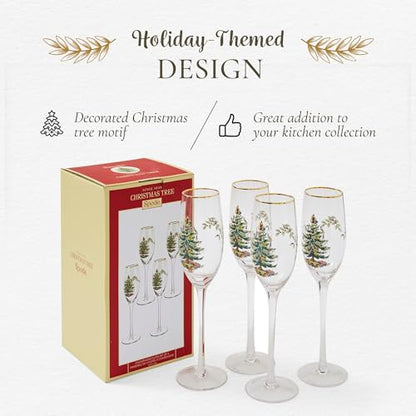 Spode Christmas Tree Gold 8.5oz Champagne Flutes (Set of 4) - Gold Rimmed Glasses, Festive Holiday Drinkware for Christmas Dinner, Wedding Gifts - Classic Holiday Glassware for Wine & Minosas - style: Champagne Flutes