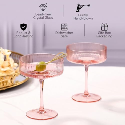 Pink Coupe Glasses Set of 6 |9 oz martini Glasses |Pink Cocktail Glasses Set,Champagne Coupe Glasses for Margarita, Bar,Dessert Glass - color: Pink