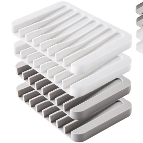 4PCS Self-Draining Silicone Bar Soap Dish and Holders for Shower | Easy Clean, Can Extend Soap Life, Premium Sponge Holder for Sink, Kitchen, Bathroom, or Counter, Soap Tray for Shower - color: White, Gray