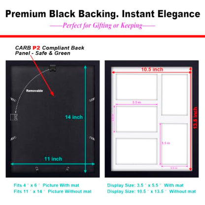 RPJC 5 Opens 4x6 Collage Solid Wood and Glass Cover Picture Frames Black | 11x14 Photo Frames without mat, Wall display, Gift-Ready in White Box. A tasteful gift - color: Black, size: 11x14-5opening
