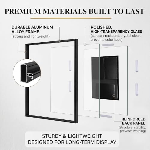 13x10'' Floating Picture Frame with Crystal Clear Glass, Modern Glass Floating Frame for theater bill, Photos, Artwork, Tickets & Pennants, Metal See Through Picture Frames for Wall Display