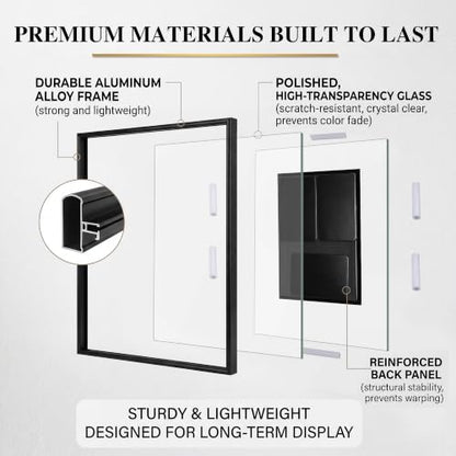 13x10'' Floating Picture Frame with Crystal Clear Glass, Modern Glass Floating Frame for theater bill, Photos, Artwork, Tickets & Pennants, Metal See Through Picture Frames for Wall Display