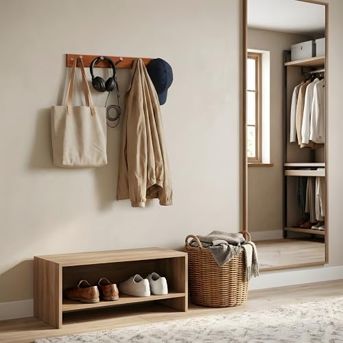 Natural Teak Wall-Mounted Coat Rack (Set of 2, 16'' Hole to Hole) - Farmhouse Entryway Hooks with 5 Wooden Hooks Each, Rustic for Bathroom, Mudroom 2P - color: Teak wood 1-2P