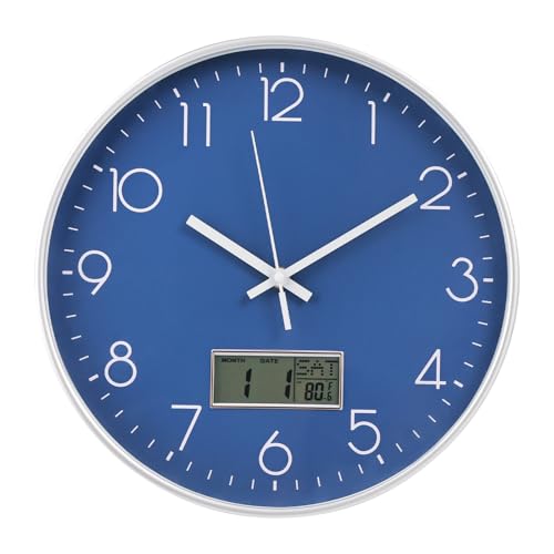 Wall Clock with LCD Display Non-Ticking Silent Quartz Movement Decor Clock with Perpetual Calendar and Temperature Modern Style Round Wall Clocks for Office/Living Room/Bedroom (Blue, 12inch) - color: Blue