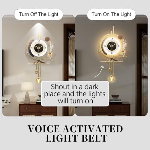Modern Wall Clock for Living Room,Large Gold Decorative Wall Clock with light,Creative Silent Clock Battery Operated for Kitchen/Entryway/Bedroom/Office/Dinning Room Metal Wall Decor (15.7"Wx31.5L) - size: 31.5"Lx15.7"W