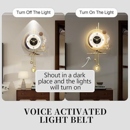 Modern Wall Clock for Living Room,Large Gold Decorative Wall Clock with light,Creative Silent Clock Battery Operated for Kitchen/Entryway/Bedroom/Office/Dinning Room Metal Wall Decor (15.7"Wx31.5L) - size: 31.5"Lx15.7"W