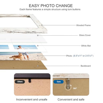 Hongkee 8.5x11 Picture Frame Set of 2, Distressed White Certificate Document Frames with Glass Collage Frame, Display Pictures Two 5x7 With Mat or 8.5 x 11 Without Mat, Photo Frames Wall Gallery - color: Distressed White, size: 8.5x11 in matted to 2-5x7