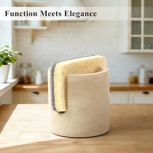 Natural Marble Sponge Holder, Travertine Stone Drying Rack for Kitchen Sink | 1.4 lb Handcrafted Stone Kitchen Sponge Holder with Anti-Slip Pad, Fast Drying Sink Caddy for Kitchen Counter Organizer - color: Travertine Beige