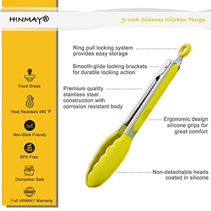 HINMAY Silicone Tipped Tongs 9" Kitchen Cooking Tongs, Set of 3 (Yellow) - color: Yellow