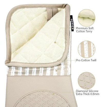 Alselo Silicone Oven Mitts Heat Resistant 932℉ with Waterproof & Non-Slip | Kitchen Mittens Set of 2,Extra Long 7.5"x15" Oven Gloves with Soft Cotton Terry Lining for Baking Cooking BBQ (Khaki,2) - color: Khaki