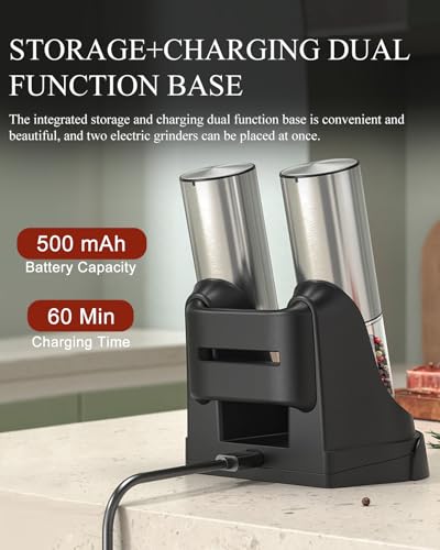 [Upgraded Larger Capacity]Electric Salt and Pepper Grinder Set Tomentific, Automatic Pepper Mills with Easy-to-Carry Dual Charging Station and Adjustable Coarseness, LED Light, Stainless Steel