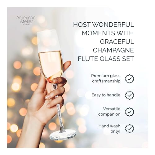 American Atelier Champagne Flutes, Set of 2, Gem Filled Stem, 10in