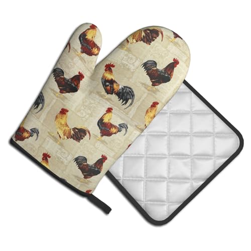 Rustic Rooster Oven Mitts and Pot Holder Set of 2 Farm Animal Print Heat Resistant Gloves Hot Pads for Kitchen Grilling Baking Cooking BBQ - color: Rustic Rooster