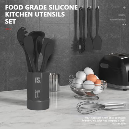 AOTHOD Silicone Cooking Utensils Set - 446°F Heat Resistant Kitchen Utensils,Spatula Sets,Turner Tongs,Spoon,Kitchen Utensil Gadgets Tools Set for Nonstick Cookware,Dishwasher Safe BPA Free (Gray) - color: Gray