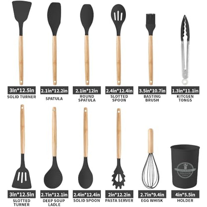 Silicone Cooking Utensils Set, 12Pcs Large Heat Resistant Kitchen Utensils, Turner Tongs, Spatula, Spoon, Wooden Handle Kitchen Gadgets with Holder for Nonstick Cookware, Dishwasher Safe (Black) - color: Black