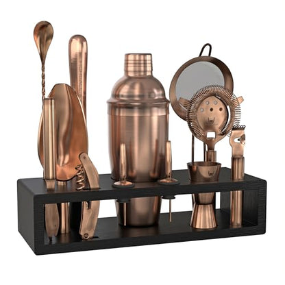 Highball & Chaser Bartender Kit with Espresso Bamboo Stand. Beautiful Cobbler Cocktail Shaker Set with Bar Tools Rustproof Stainless Steel Bar Set (Antique Copper) - color: Copper