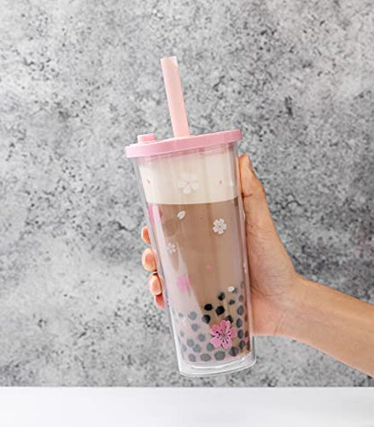 Reusable Plastic Boba Cup With Lids And Straws, 24Oz/700ml Smoothie Cups, Iced Coffee Cup, Leakproof Kawaii Cup, Boba Tumbler With Boba Reusable Straw,Double Wall Clear Bubble Tea Cup - color: Pink