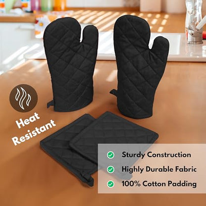 Native Fab Pot Holders and Oven Mitts Sets for Kitchen Heat Resistant - Hanging Non-Slip - 100% Cotton Kitchen Oven Mitts and Pot Holders 4-Piece Set - Black - color: Black