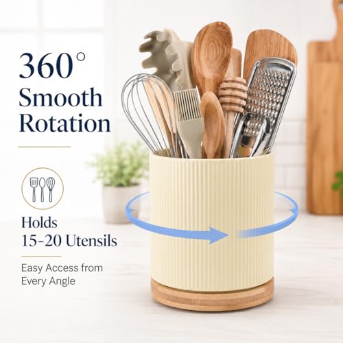 360° Rotating Ceramic Utensil Holder,Utensil Crock for Kitchen Counter | Kitchen Utensil Holder for Countertop with Rotatable Wooden Base,Ideal Housewarming Gifts & Mothers Day Gift-Yellow - color: Cream Yellow