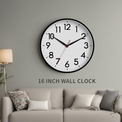 AKCISOT 16 Inch Wall Clock, Silent Battery Operated Analog Clock, Black | Large Size | Living Room | Kitchen | Classroom | Office | Easy to Read Numbers - color: A_black, size: 16 Inch