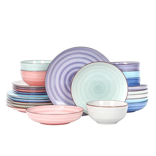 Selamica Ceramic Plates and Bowls Set, 24 Pieces Dinnerware Sets for 6, Scratch Resistant Dishes Set, Handpainted Swirl with Spot Dishwasher & Microwave Safe, Gradient Color - color: Gradient Color, size: 24 Pieces