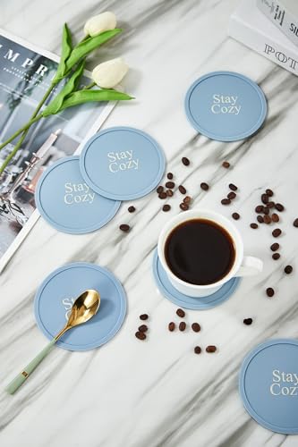 Silicone Coasters Set of 6, Premium Drink Coaster with Holder, Non-Slip, Non-Stick, Dishwasher Safe, Perfect for Hot and Cold Drinks, Protect Your Desks and Tables(6 Morandi Blue) - color: Morandi Blue