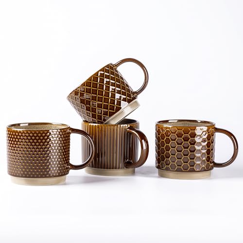GBhome 6 OZ Stackable Coffee Mugs Set of 4, Ceramic Coffee Cups Set | 4 Assorted Designs, Embossed Mugs with Texture Patterns for Espresso/Tea, Dishwasher&Microwave Safe, Caramel - color: Caramel, size: 6 Ounces