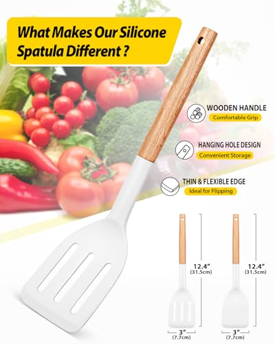Pack of 2 Silicone Cooking Spatula, Heat Resistant Solid Turner, Non Stick Slotted Spatulas with Wooden Handle,Ideal Wood Kitchen Utensils Set for Frying, Baking, Flipping, Turning (WHITE) - color: White