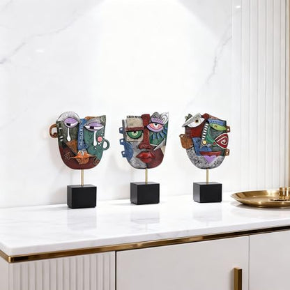 3PC Abstract Face Sculptures, Afrocentric Pop Art Decor, Modern Resin Statue Handcrafted Table Sculpture, Bookshelf Decor, TV Stand Ornaments, Artsy Coffee Table, Living Room Accent, Cabinet