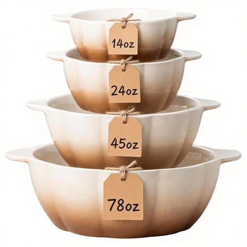 Ceramic Soup Bowls with Handle, Large Serving Bowls Set of 4, 14/24/45/78 oz Food Storage Bowls Containers for Cooking, Baking, Salad, Ramen Bowls Oven Safe, Brown - color: White Brown, size: 4 Piece Set