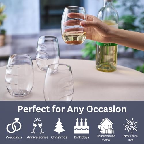 Unbreakable European Plastic Crystal, Stemless Wine Glasses | Set of 4, 13.5 OZ | Acrylic Tritan Set with 3-Finger Indentations - Clear Short Tumbler Set, BPA Free, Reusable, Naturally Aerates Wine - color: Clear, size: Set of 4