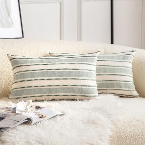 Cethom Decorative Boho Lumbar Throw Pillow Covers, Farmhouse Textured Pillow Case, 12 x 20 Inch Set of 2, Chair Sofa Bedroom Living Room Home Decor Couch Cushion Case, Green and Beige - color: Green, size: 20" x 12" (Pack of 2)