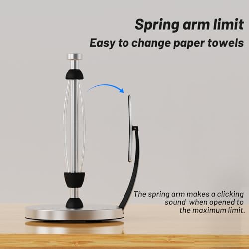 VEHHE Paper Towel Holder Countertop, Paper Towel Holder with Spring Activated Arm and Damping Effect, Simply Tear Paper Towel Stand for Bathroom and Kitchen (Silver) - color: Silver, size: Suction Base