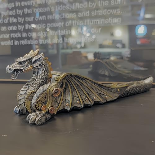 13'' L Mechanical Dragon Incense Holder Burner Stick Sculpture | resin steampunk mystical gothic decor for man cave long ash catcher tabletop aromatherapy ornaments industrial gears gifts