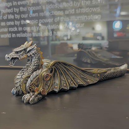13'' L Mechanical Dragon Incense Holder Burner Stick Sculpture | resin steampunk mystical gothic decor for man cave long ash catcher tabletop aromatherapy ornaments industrial gears gifts