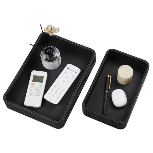 Desk Organizer Tray, PU Leather Nightstand Organizer, Black 2-Pack | Decorative Valet Tray for Men Women, Perfume Vanity Trays, Trinket Dish, Key Bowl for Entryway Bedside Table - color: Black, Small+large