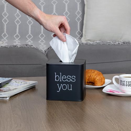 AuldHome Design Square Tissue Box Cover (Black); Modern Farmhouse Enamelware Tissue Holder - color: Black With "Bless You"